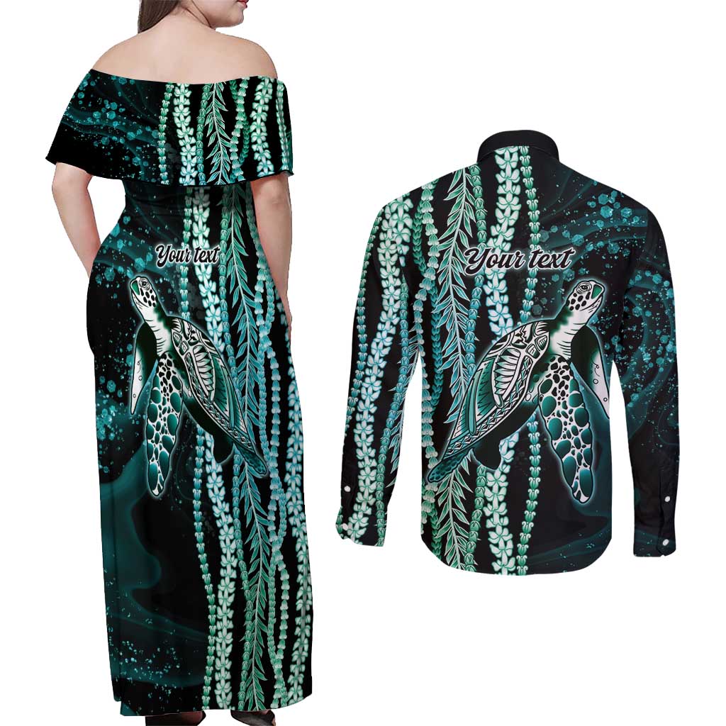 Hawaiian Honu Personalized Couples Matching Off Shoulder Maxi Dress and Long Sleeve Button Shirt Dark Cyan Maile Pikake Flower Lei Inspired