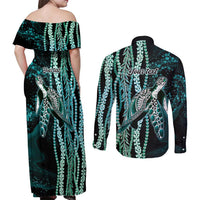 Hawaiian Honu Personalized Couples Matching Off Shoulder Maxi Dress and Long Sleeve Button Shirt Dark Cyan Maile Pikake Flower Lei Inspired