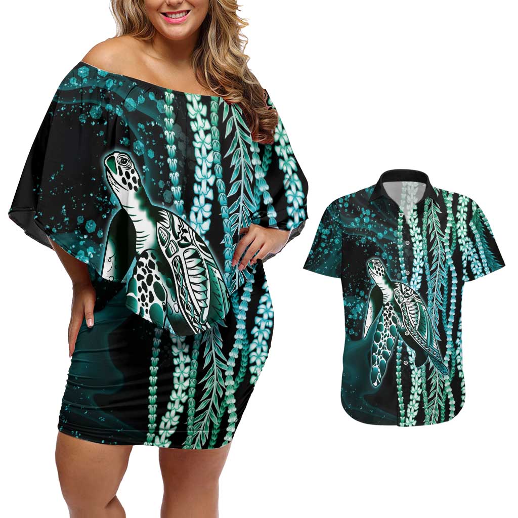 Hawaiian Honu Personalized Couples Matching Off Shoulder Short Dress and Hawaiian Shirt Dark Cyan Maile Pikake Flower Lei Inspired