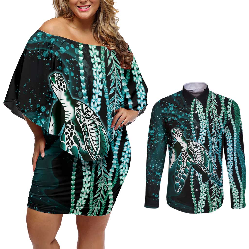 Hawaiian Honu Personalized Couples Matching Off Shoulder Short Dress and Long Sleeve Button Shirt Dark Cyan Maile Pikake Flower Lei Inspired