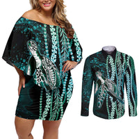 Hawaiian Honu Personalized Couples Matching Off Shoulder Short Dress and Long Sleeve Button Shirt Dark Cyan Maile Pikake Flower Lei Inspired