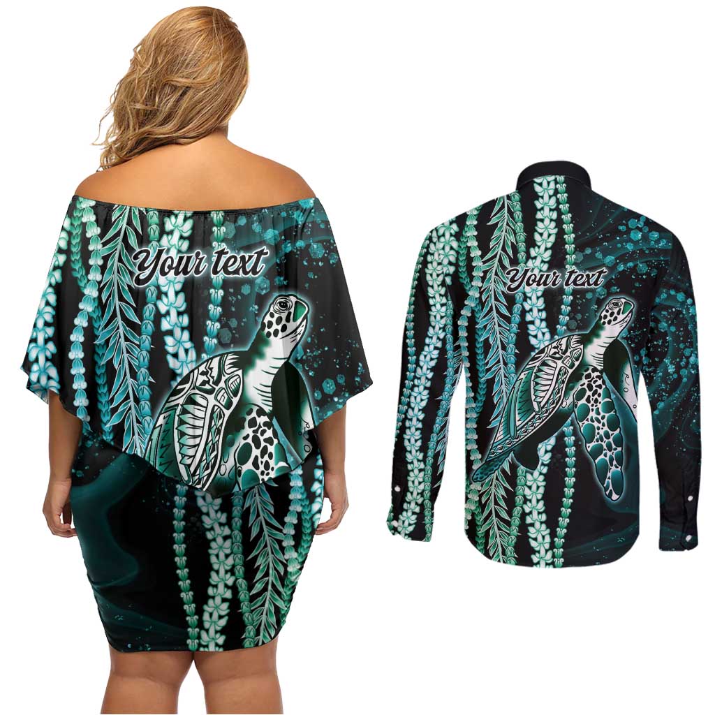Hawaiian Honu Personalized Couples Matching Off Shoulder Short Dress and Long Sleeve Button Shirt Dark Cyan Maile Pikake Flower Lei Inspired