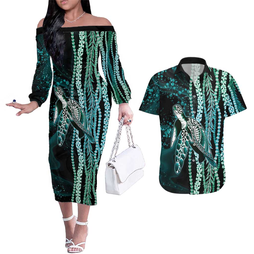 Hawaiian Honu Personalized Couples Matching Off The Shoulder Long Sleeve Dress and Hawaiian Shirt Dark Cyan Maile Pikake Flower Lei Inspired LT9 Cyan - Polynesian Pride