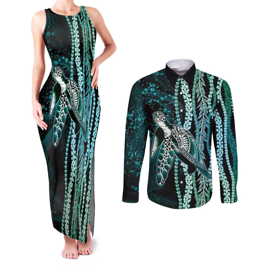Hawaiian Honu Personalized Couples Matching Tank Maxi Dress and Long Sleeve Button Shirt Dark Cyan Maile Pikake Flower Lei Inspired LT9 Cyan - Polynesian Pride