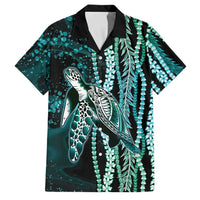 Hawaiian Honu Personalized Family Matching Long Sleeve Bodycon Dress and Hawaiian Shirt Dark Cyan Maile Pikake Flower Lei Inspired LT9 Dad's Shirt - Short Sleeve Cyan - Polynesian Pride