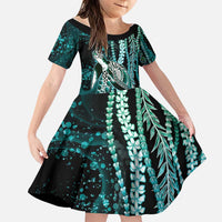 Hawaiian Honu Personalized Family Matching Mermaid Dress and Hawaiian Shirt Dark Cyan Maile Pikake Flower Lei Inspired LT9 Daughter's Dress Cyan - Polynesian Pride