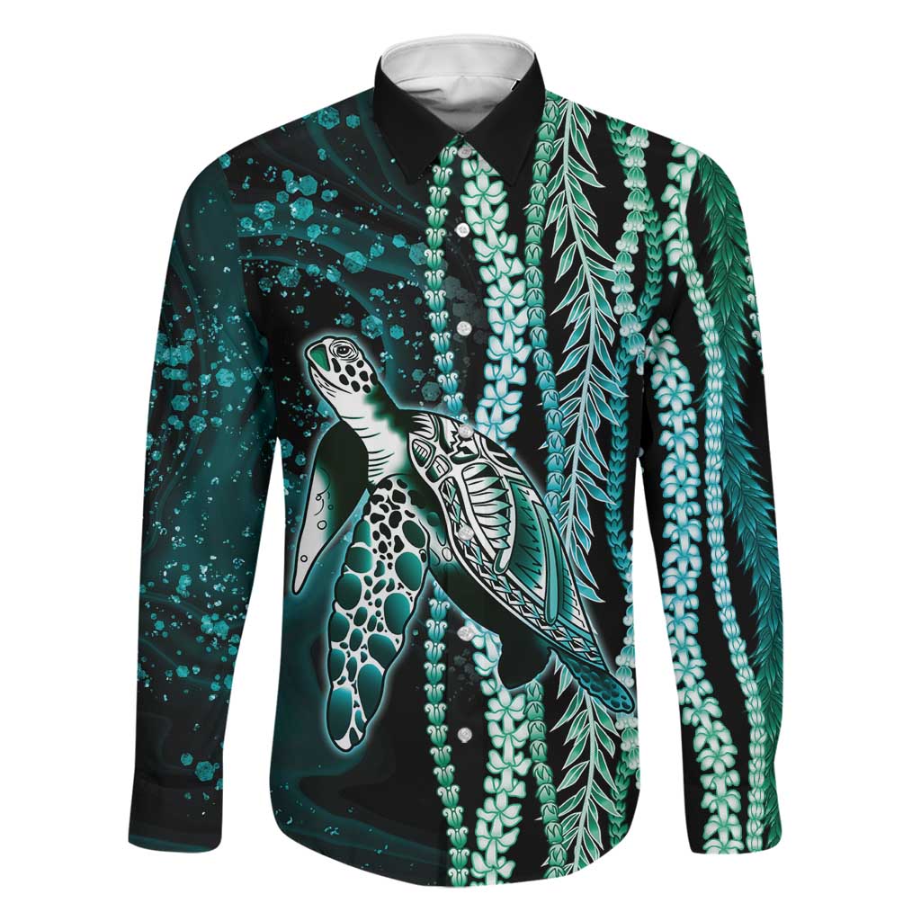 Hawaiian Honu Personalized Family Matching Mermaid Dress and Hawaiian Shirt Dark Cyan Maile Pikake Flower Lei Inspired LT9 Dad's Shirt - Long Sleeve Cyan - Polynesian Pride