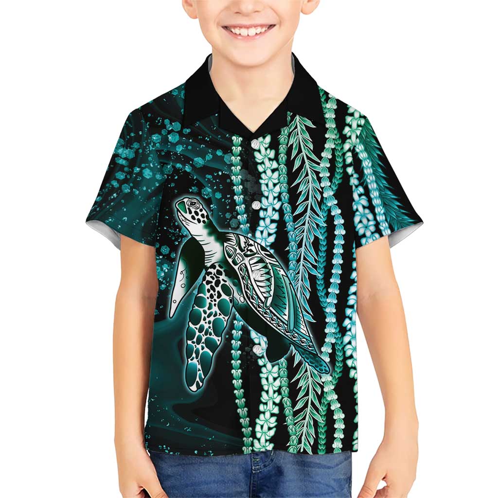 Hawaiian Honu Personalized Family Matching Mermaid Dress and Hawaiian Shirt Dark Cyan Maile Pikake Flower Lei Inspired LT9 Son's Shirt Cyan - Polynesian Pride