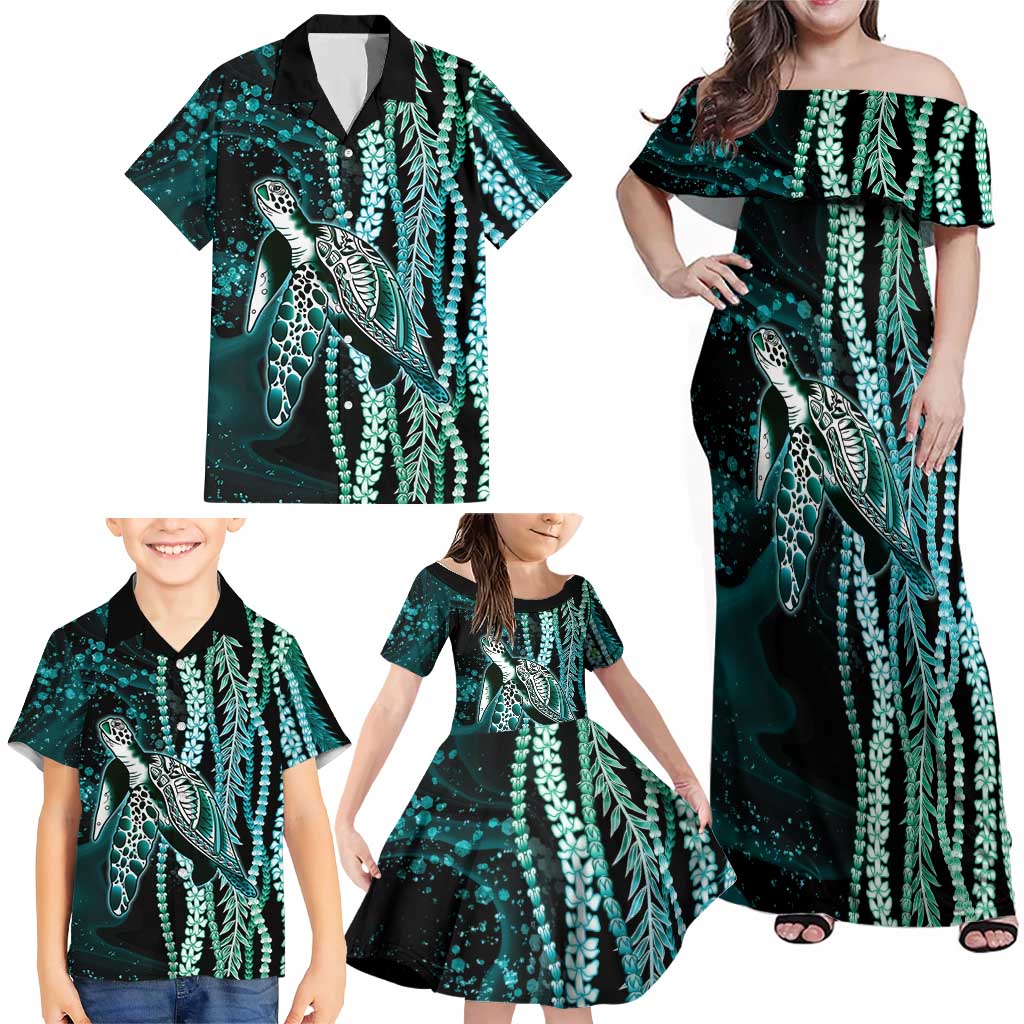 Hawaiian Honu Personalized Family Matching Off Shoulder Maxi Dress and Hawaiian Shirt Dark Cyan Maile Pikake Flower Lei Inspired LT9 - Polynesian Pride