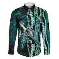 Hawaiian Honu Personalized Family Matching Off Shoulder Maxi Dress and Hawaiian Shirt Dark Cyan Maile Pikake Flower Lei Inspired LT9 Dad's Shirt - Long Sleeve Cyan - Polynesian Pride