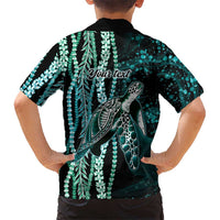 Hawaiian Honu Personalized Family Matching Off Shoulder Short Dress and Hawaiian Shirt Dark Cyan Maile Pikake Flower Lei Inspired LT9 - Polynesian Pride