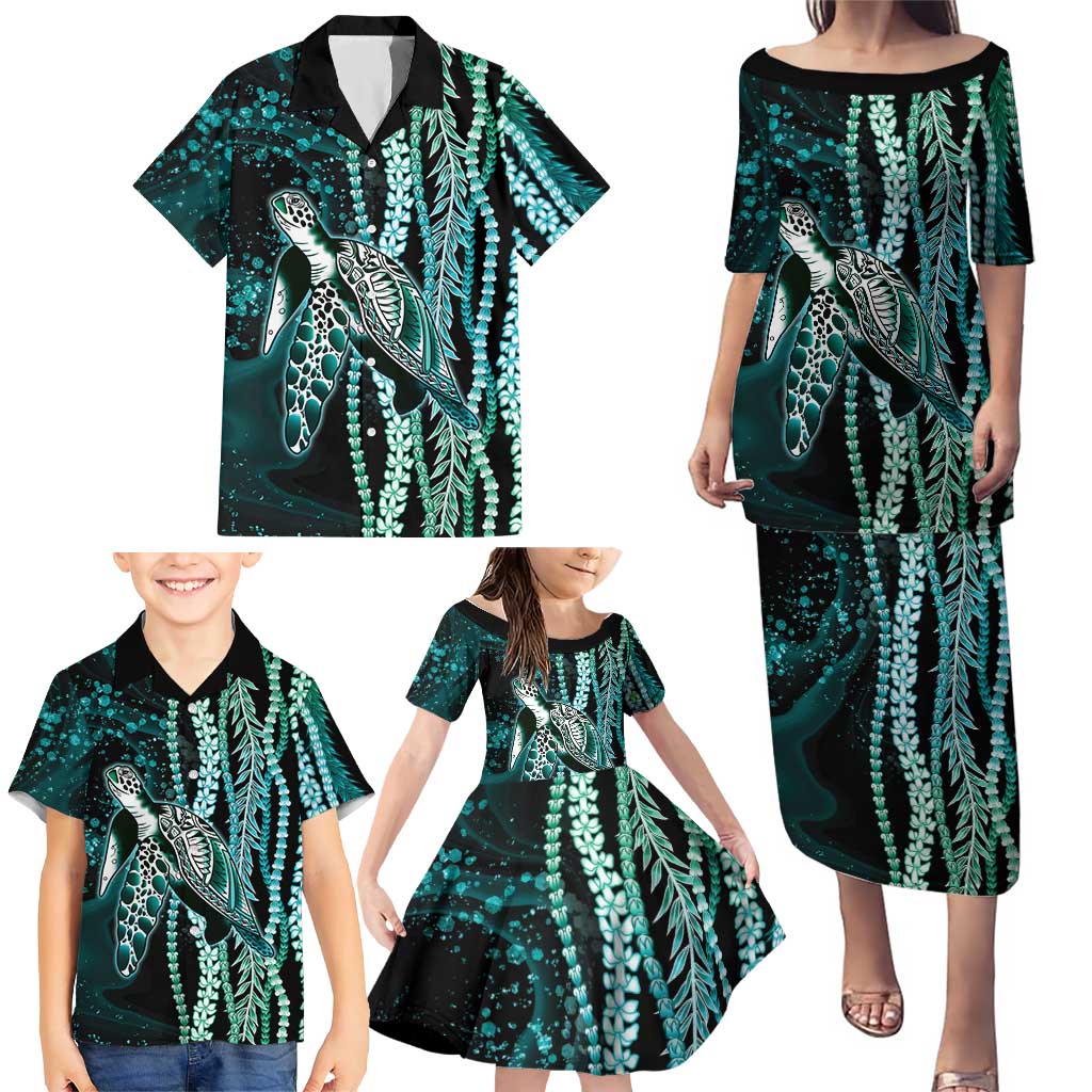 Hawaiian Honu Personalized Family Matching Puletasi and Hawaiian Shirt Dark Cyan Maile Pikake Flower Lei Inspired LT9 - Polynesian Pride