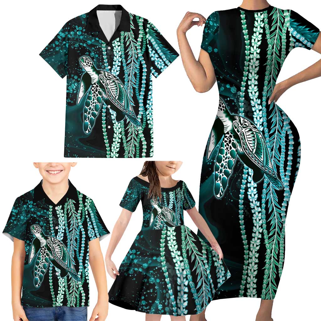 Hawaiian Honu Personalized Family Matching Short Sleeve Bodycon Dress and Hawaiian Shirt Dark Cyan Maile Pikake Flower Lei Inspired LT9 - Polynesian Pride
