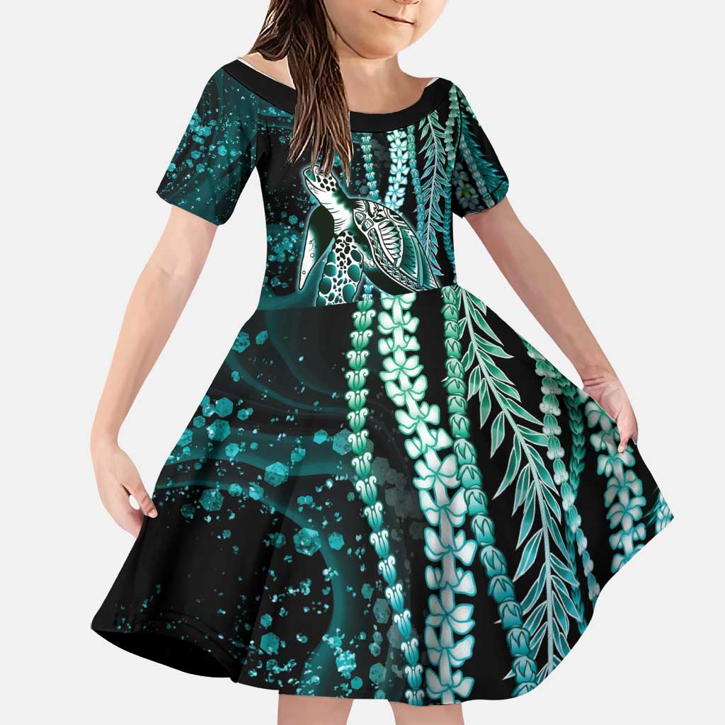 Hawaiian Honu Personalized Family Matching Tank Maxi Dress and Hawaiian Shirt Dark Cyan Maile Pikake Flower Lei Inspired LT9 Daughter's Dress Cyan - Polynesian Pride