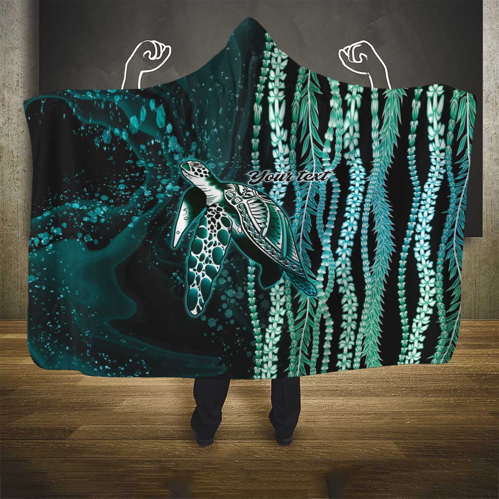 Hawaiian Honu Personalized Hooded Blanket Dark Cyan Maile Pikake Flower Lei Inspired LT9 - Polynesian Pride