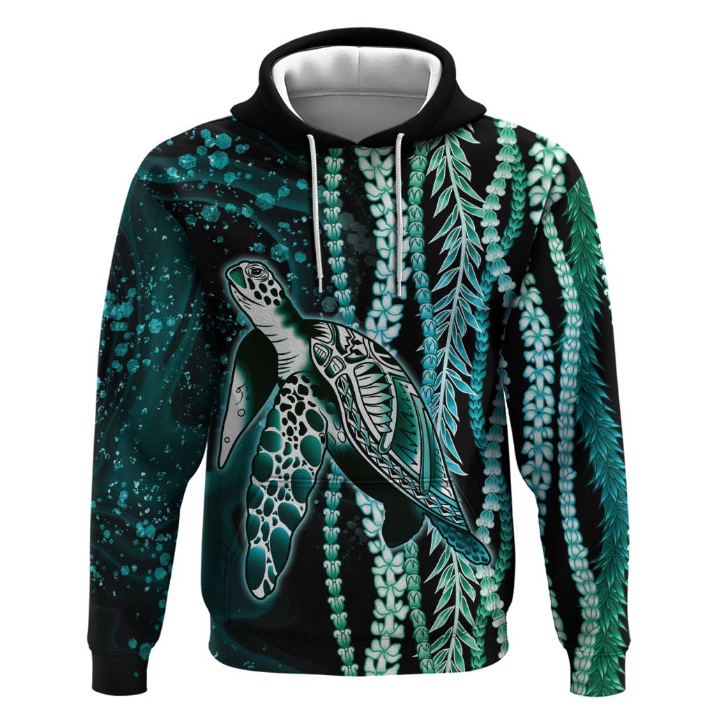 Hawaiian Honu Personalized Hoodie Dark Cyan Maile Pikake Flower Lei Inspired LT9 Pullover Hoodie Cyan - Polynesian Pride