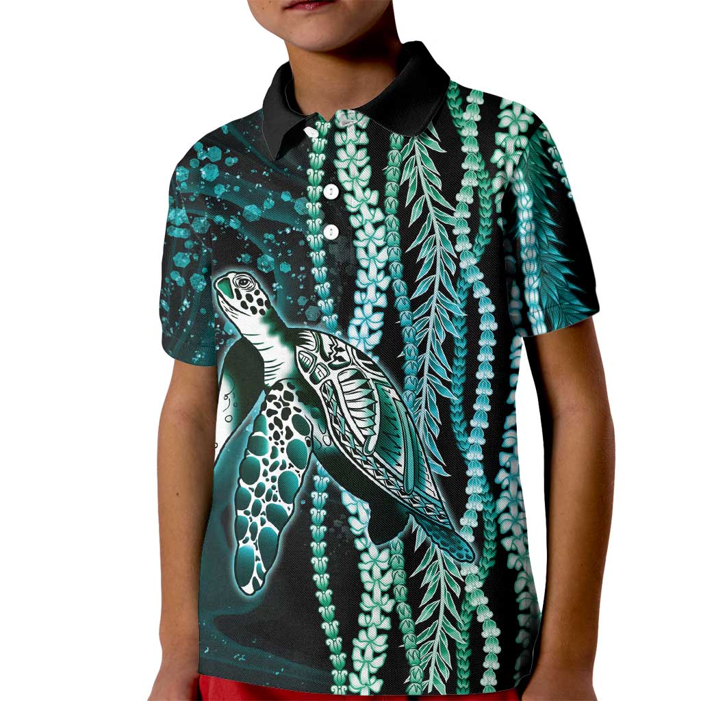 Hawaiian Honu Personalized Kid Polo Shirt Dark Cyan Maile Pikake Flower Lei Inspired LT9 Kid Cyan - Polynesian Pride