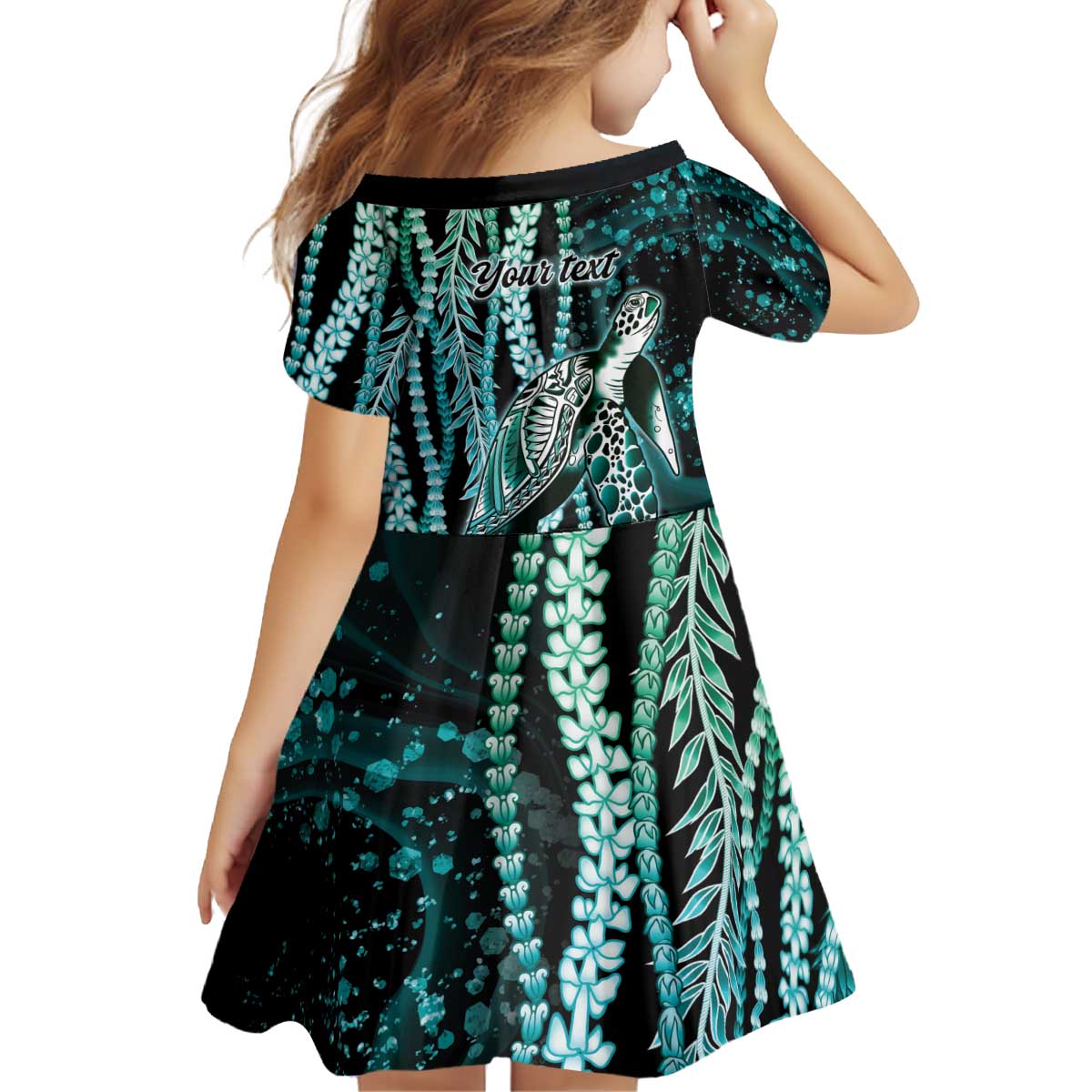 Hawaiian Honu Personalized Kid Short Sleeve Dress Dark Cyan Maile Pikake Flower Lei Inspired LT9 - Polynesian Pride