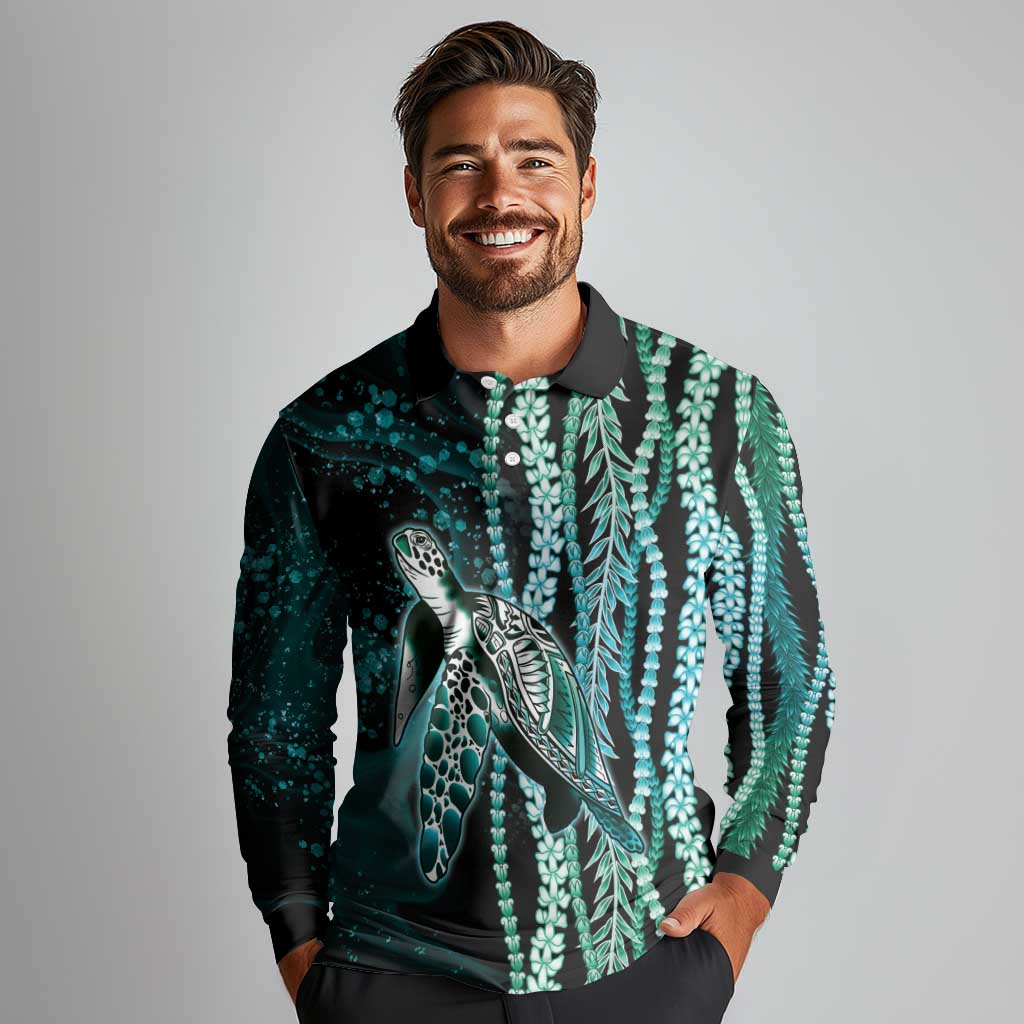 Hawaiian Honu Personalized Long Sleeve Polo Shirt Dark Cyan Maile Pikake Flower Lei Inspired LT9 - Polynesian Pride