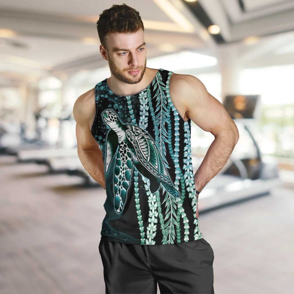 Hawaiian Honu Personalized Men Tank Top Dark Cyan Maile Pikake Flower Lei Inspired