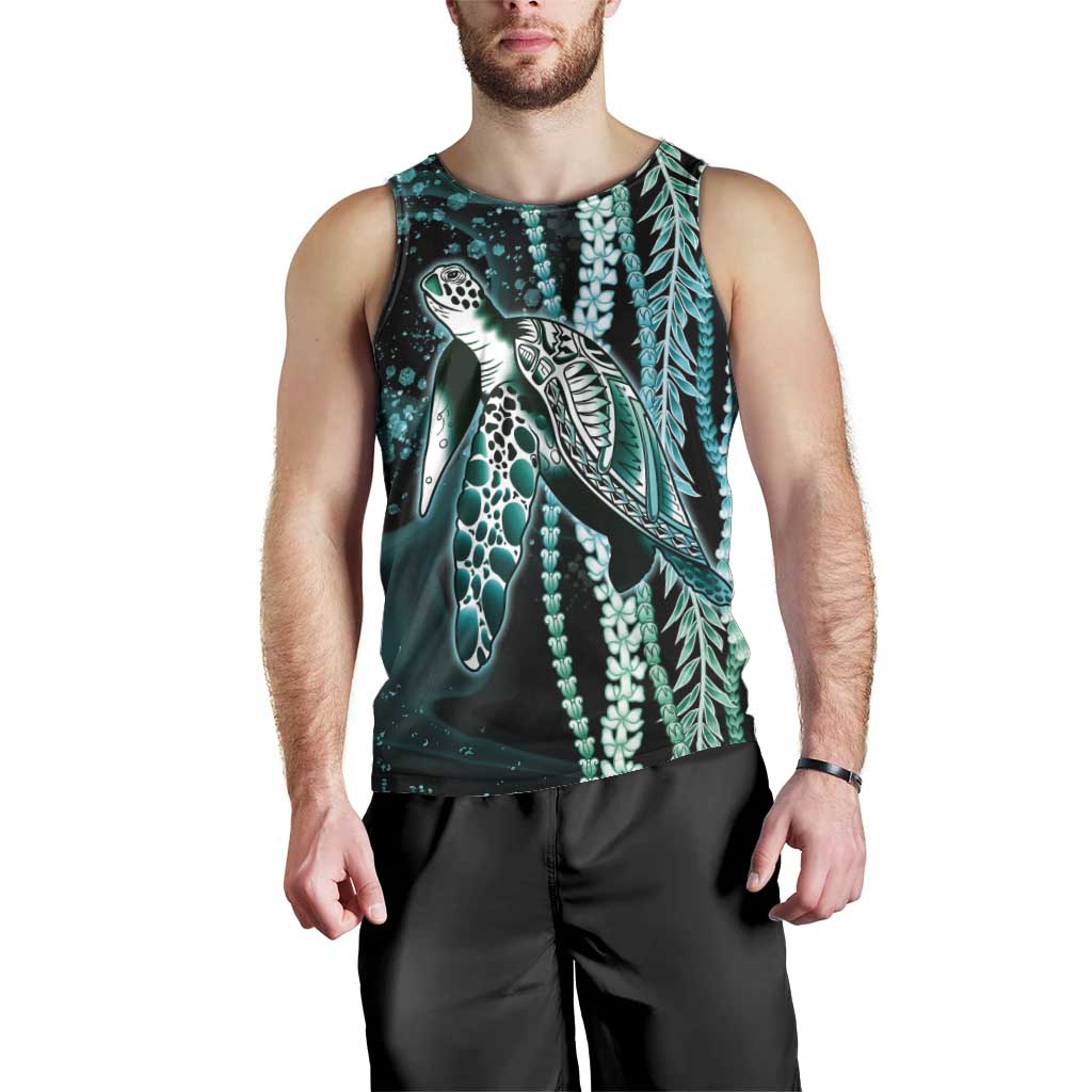 Hawaiian Honu Personalized Men Tank Top Dark Cyan Maile Pikake Flower Lei Inspired