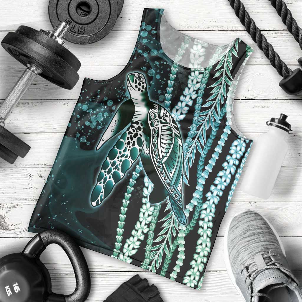 Hawaiian Honu Personalized Men Tank Top Dark Cyan Maile Pikake Flower Lei Inspired