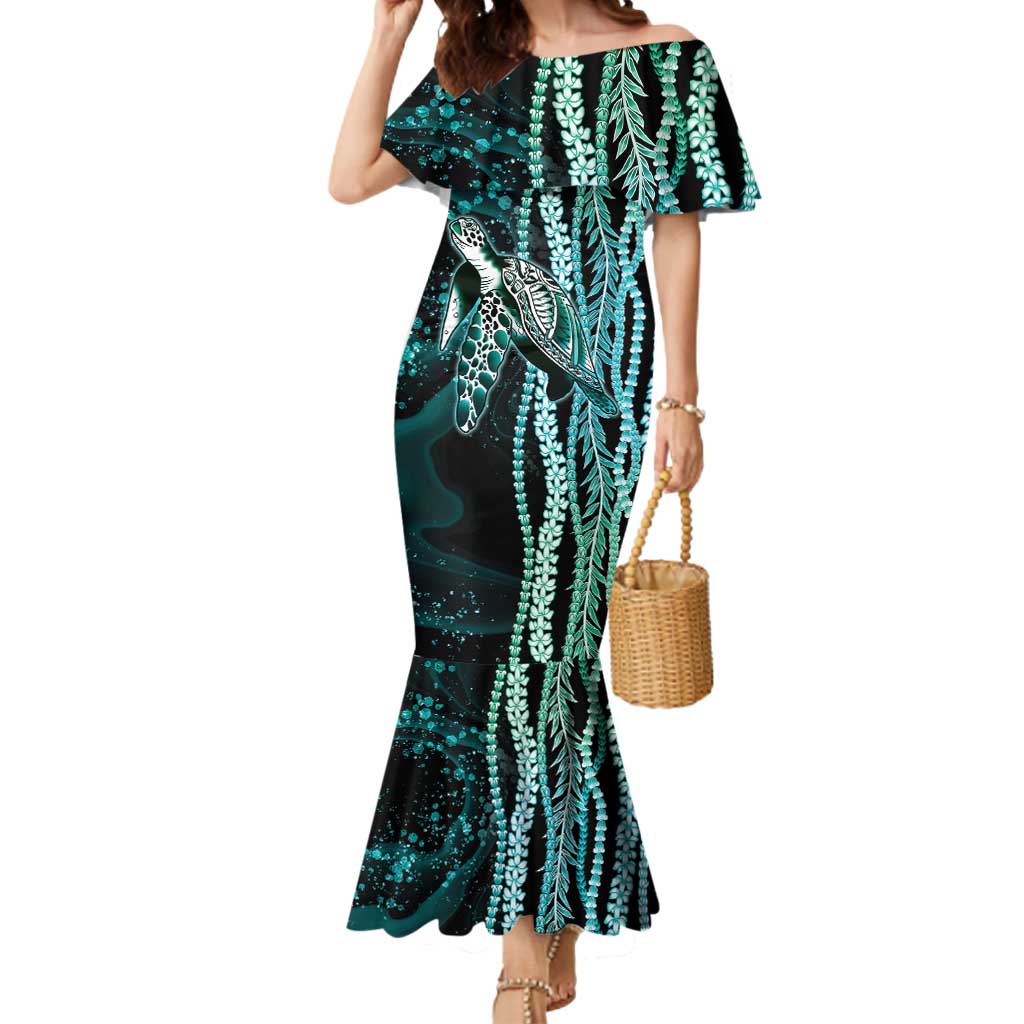 Hawaiian Honu Personalized Mermaid Dress Dark Cyan Maile Pikake Flower Lei Inspired LT9 Women Cyan - Polynesian Pride