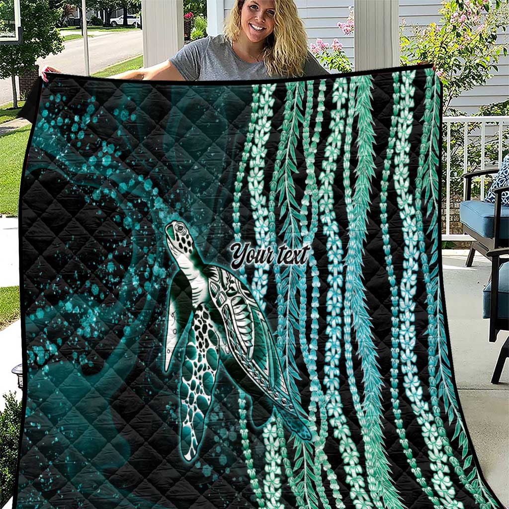 Hawaiian Honu Personalized Quilt Dark Cyan Maile Pikake Flower Lei Inspired