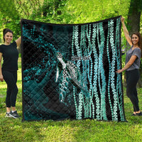 Hawaiian Honu Personalized Quilt Dark Cyan Maile Pikake Flower Lei Inspired