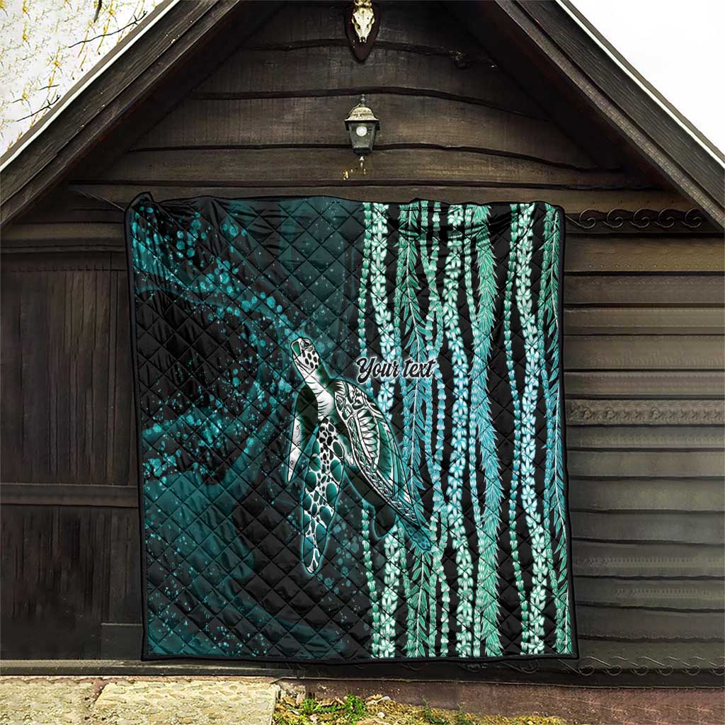 Hawaiian Honu Personalized Quilt Dark Cyan Maile Pikake Flower Lei Inspired