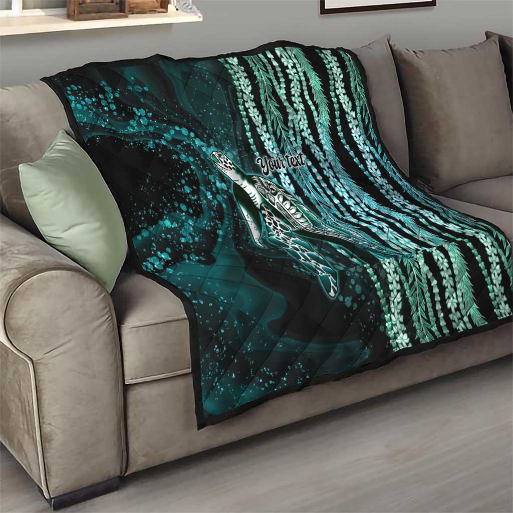 Hawaiian Honu Personalized Quilt Dark Cyan Maile Pikake Flower Lei Inspired