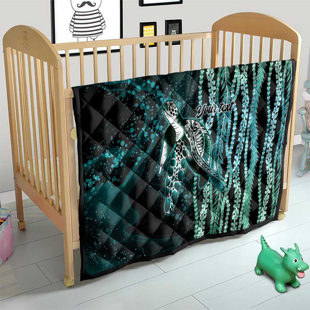 Hawaiian Honu Personalized Quilt Dark Cyan Maile Pikake Flower Lei Inspired