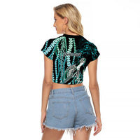 Hawaiian Honu Personalized Raglan Cropped T Shirt Dark Cyan Maile Pikake Flower Lei Inspired LT9 - Polynesian Pride