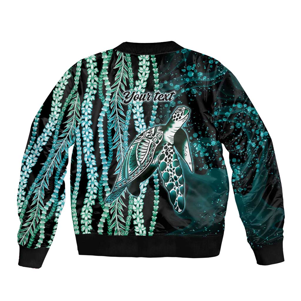 Hawaiian Honu Personalized Sleeve Zip Bomber Jacket Dark Cyan Maile Pikake Flower Lei Inspired LT9 - Polynesian Pride