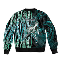Hawaiian Honu Personalized Sleeve Zip Bomber Jacket Dark Cyan Maile Pikake Flower Lei Inspired LT9 - Polynesian Pride