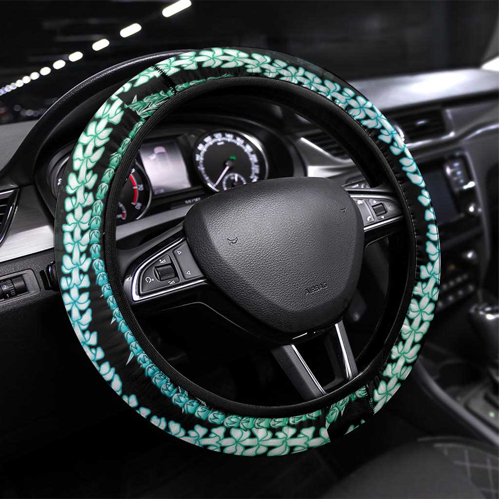Hawaiian Honu Steering Wheel Cover Dark Cyan Maile Pikake Flower Lei Inspired