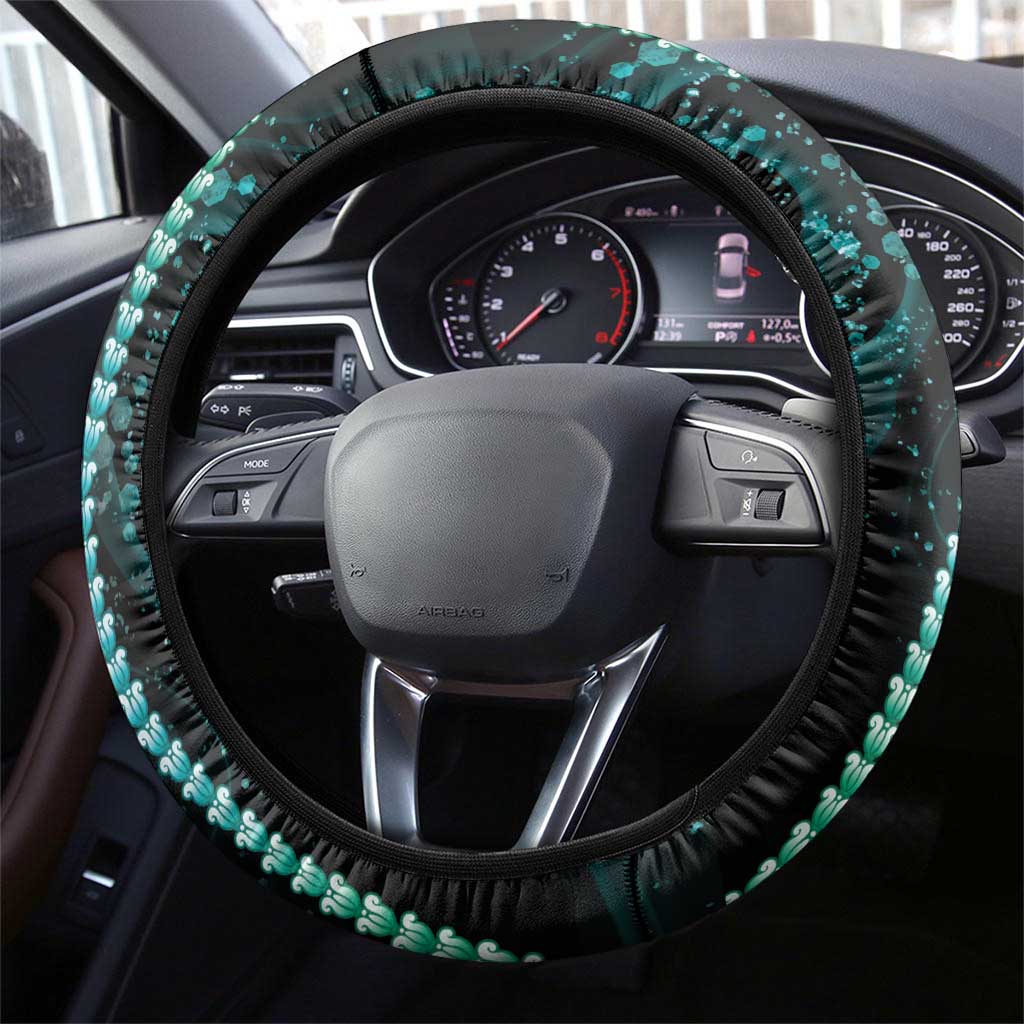 Hawaiian Honu Steering Wheel Cover Dark Cyan Maile Pikake Flower Lei Inspired