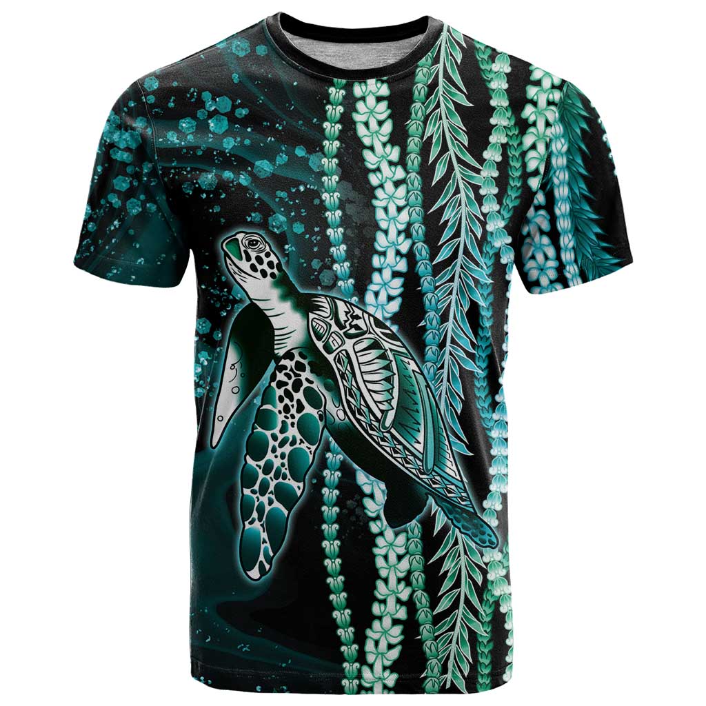 Hawaiian Honu Personalized T Shirt Dark Cyan Maile Pikake Flower Lei Inspired LT9 Cyan - Polynesian Pride