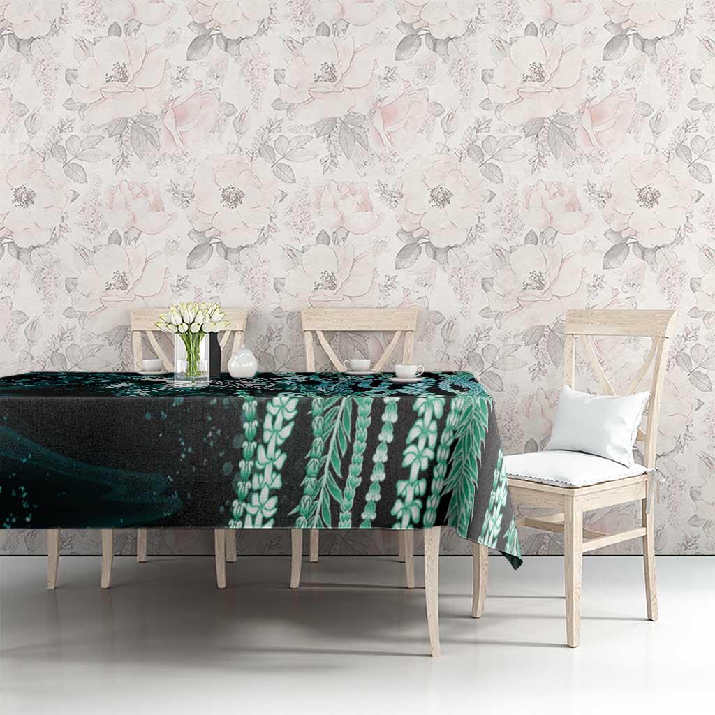 Hawaiian Honu Personalized Tablecloth Dark Cyan Maile Pikake Flower Lei Inspired