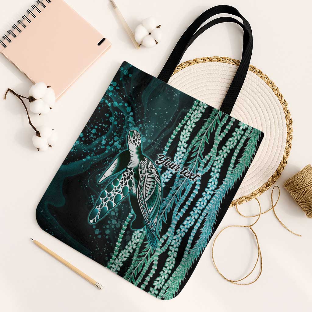 Hawaiian Honu Personalized Tote Bag Dark Cyan Maile Pikake Flower Lei Inspired
