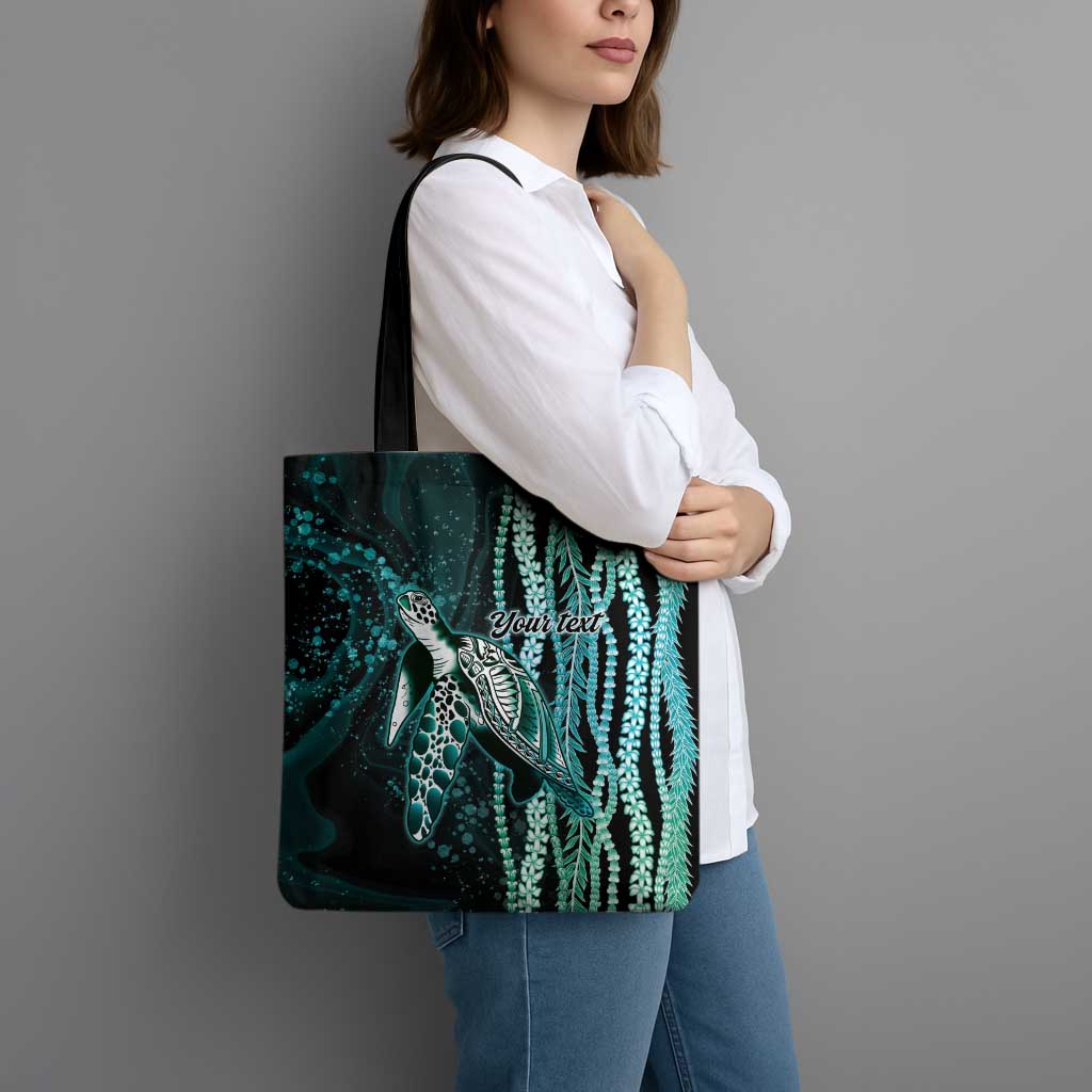 Hawaiian Honu Personalized Tote Bag Dark Cyan Maile Pikake Flower Lei Inspired
