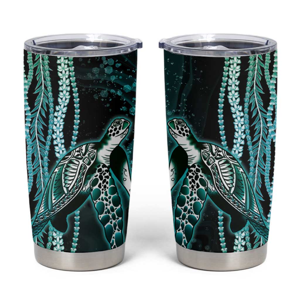Hawaiian Honu Personalized Tumbler Cup Dark Cyan Maile Pikake Flower Lei Inspired