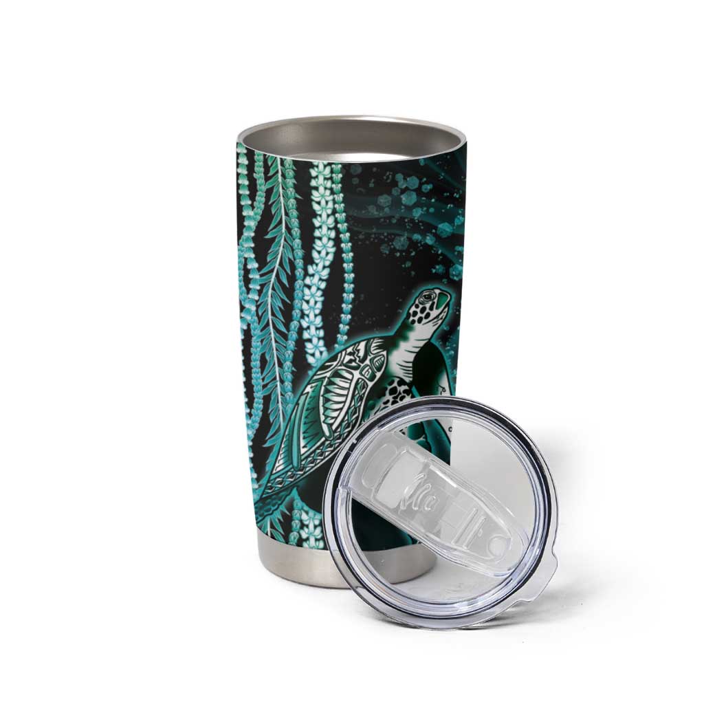 Hawaiian Honu Personalized Tumbler Cup Dark Cyan Maile Pikake Flower Lei Inspired