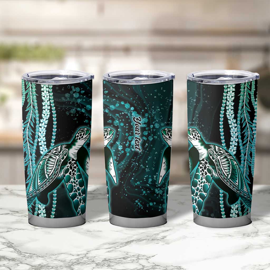 Hawaiian Honu Personalized Tumbler Cup Dark Cyan Maile Pikake Flower Lei Inspired