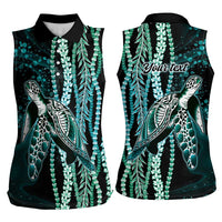 Hawaiian Honu Personalized Women Sleeveless Polo Shirt Dark Cyan Maile Pikake Flower Lei Inspired
