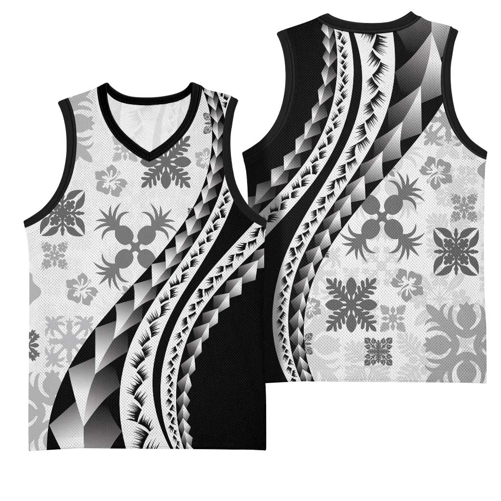 Black Hawaiian Quilt Pattern Basketball Jersey Mixed Polynesian Tribal Arty - Polynesian Pride