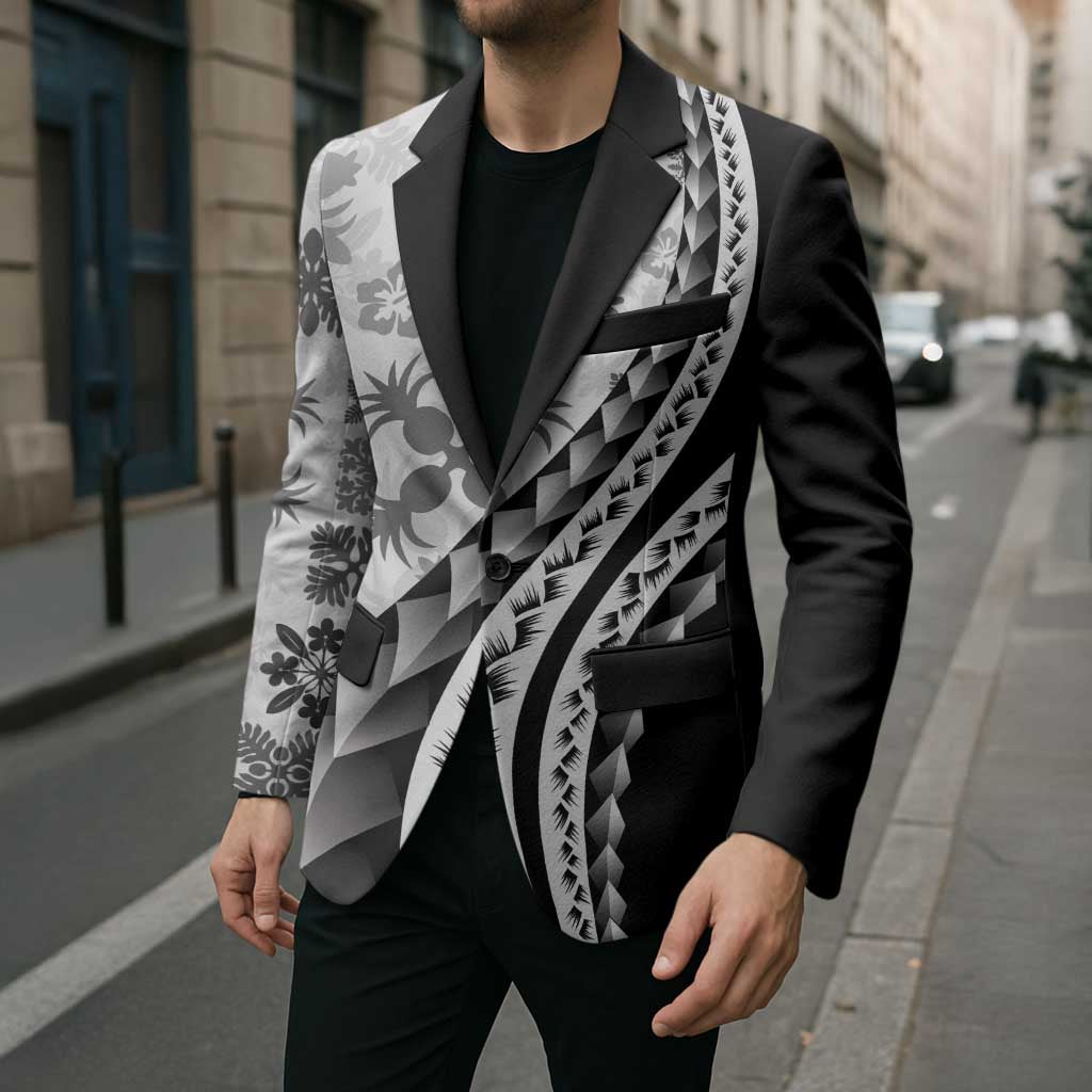 Black Hawaiian Quilt Pattern Blazer Mixed Polynesian Tribal Arty - Polynesian Pride