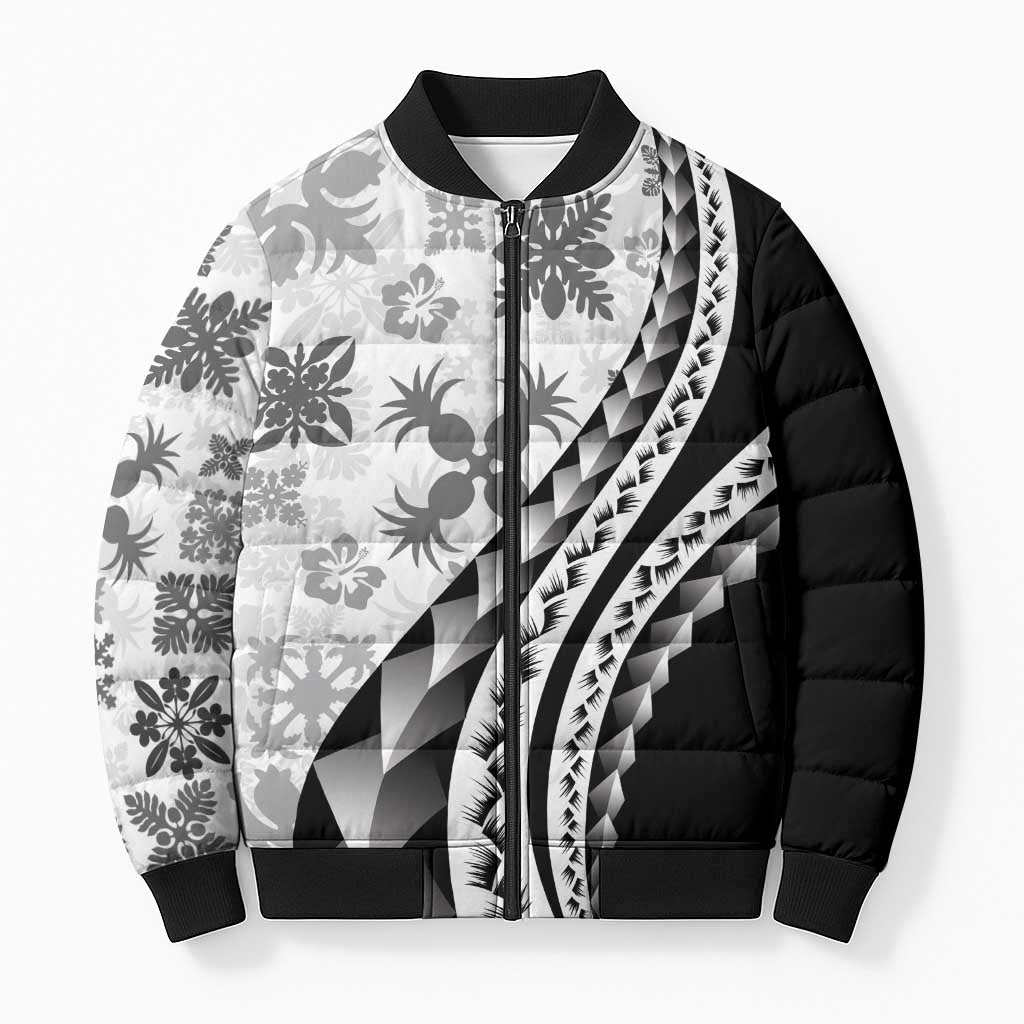 Black Hawaiian Quilt Pattern Bomber Puffer Jacket Mixed Polynesian Tribal Arty - Polynesian Pride
