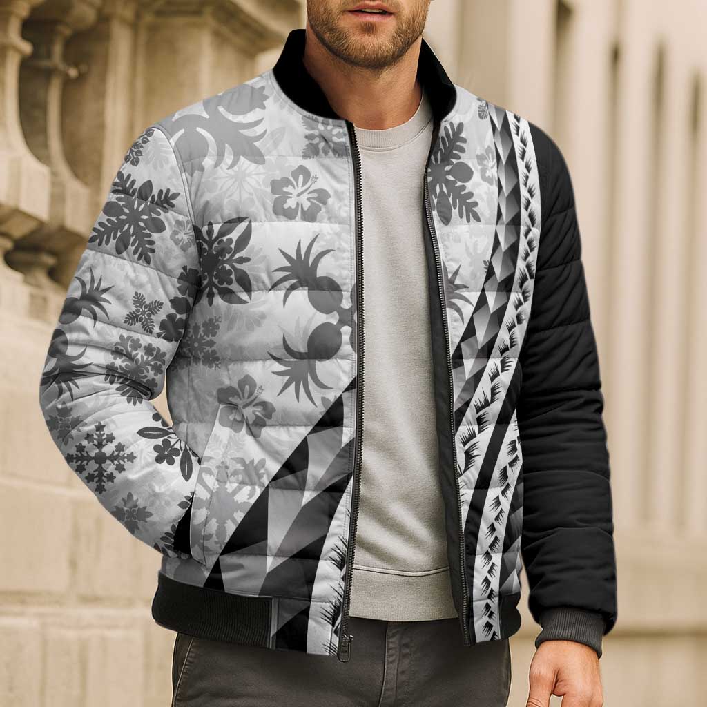 Black Hawaiian Quilt Pattern Bomber Puffer Jacket Mixed Polynesian Tribal Arty - Polynesian Pride