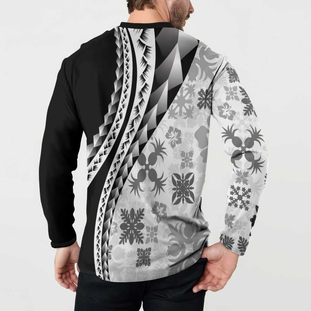Black Hawaiian Quilt Pattern Button Sweatshirt Mixed Polynesian Tribal Arty LT9 - Polynesian Pride